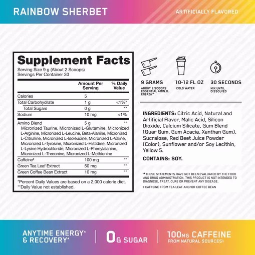 Optimum Nutrition ESSENTIAL AMIN.O. ENERGY® *new* Rainbow Sherbet - Notify Me 0.6 lb - Notify me Österreich | TA2806147