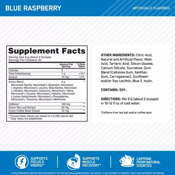 Optimum Nutrition ESSENTIAL AMIN.O. ENERGY® Blue Raspberry 0.6 lb (30 Servings) Österreich | FN2563107