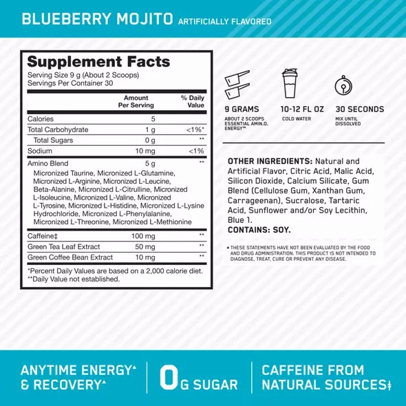 Optimum Nutrition ESSENTIAL AMIN.O. ENERGY® Blueberry Mojito 0.6 lb (30 Servings) Österreich | BH1867349