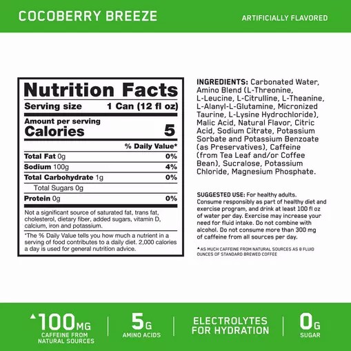 Optimum Nutrition ESSENTIAL AMIN.O. ENERGY+ Electrolytes Sparkling *new* Cocoberry Breeze 355ml * 12 Cans (12 Servings) Österreich | SH2045193