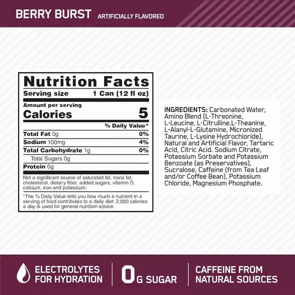 Optimum Nutrition ESSENTIAL AMIN.O. ENERGY+ Electrolytes Sparkling Berry Burst 355ml * 12 Cans (12 Servings) Österreich | XH5147308