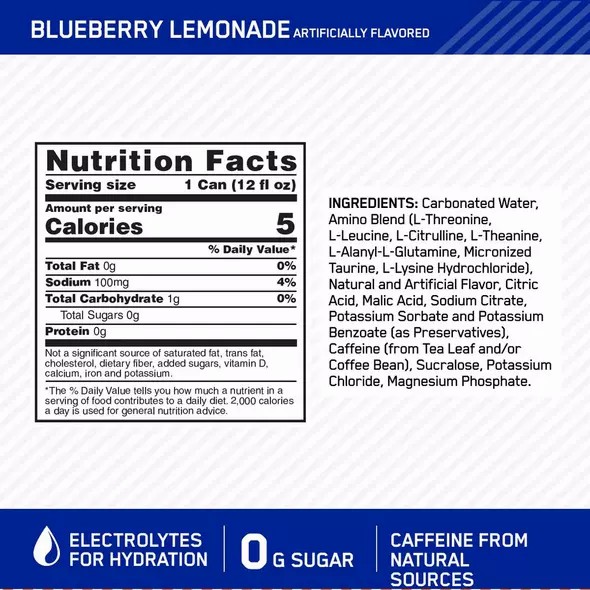 Optimum Nutrition ESSENTIAL AMIN.O. ENERGY+ Electrolytes Sparkling Blueberry Lemonade 355ml * 12 Cans (12 Servings) Österreich | UE6732950