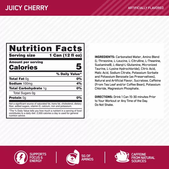 Optimum Nutrition ESSENTIAL AMIN.O. ENERGY+ Electrolytes Sparkling Juicy Cherry 355ml * 12 Cans (12 Servings) Österreich | JI6530748