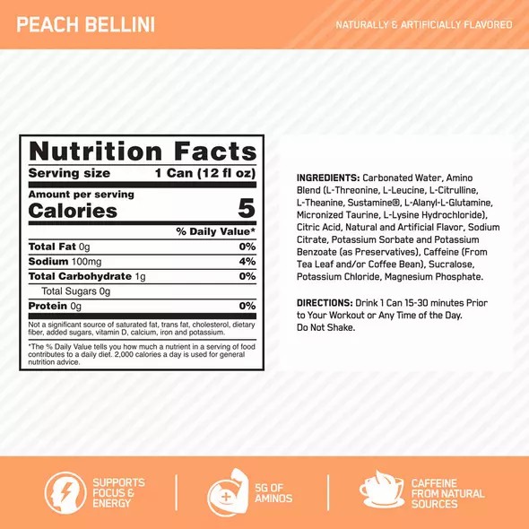 Optimum Nutrition ESSENTIAL AMIN.O. ENERGY+ Electrolytes Sparkling Peach Bellini 355ml * 12 Cans (12 Servings) Österreich | JO1537824