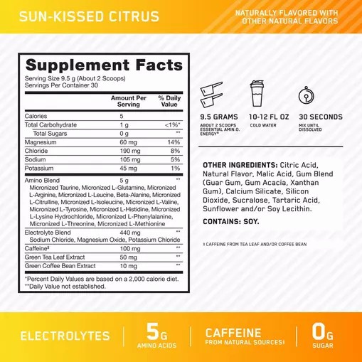 Optimum Nutrition Essential AMIN.O. ENERGY + Electrolytes *new* Sun-kissed Citrus 0.63 lb (30 Servings) Österreich | VJ1479283