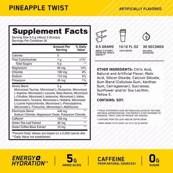 Optimum Nutrition Essential AMIN.O. ENERGY + Electrolytes Pineapple Twist 0.63 lb (30 Servings) Österreich | DE9163487