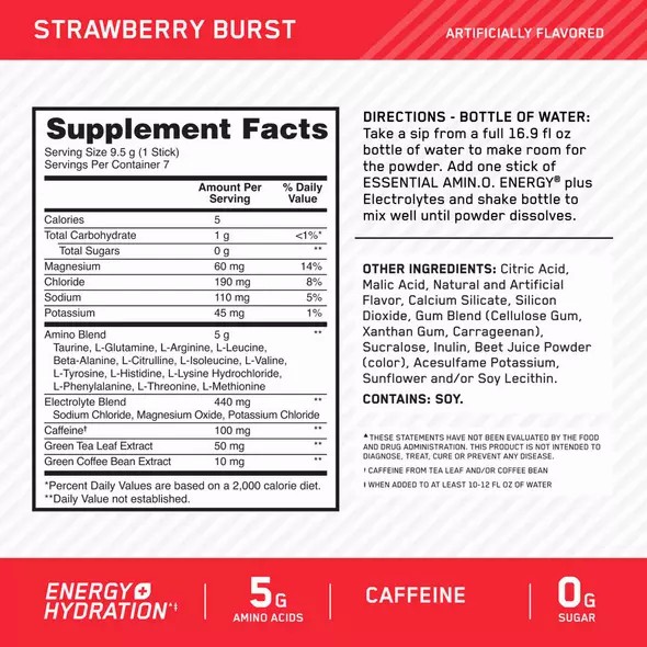 Optimum Nutrition Essential AMIN.O. ENERGY + Electrolytes Strawberry Burst 0.63 lb (30 Servings) Österreich | DP7693012