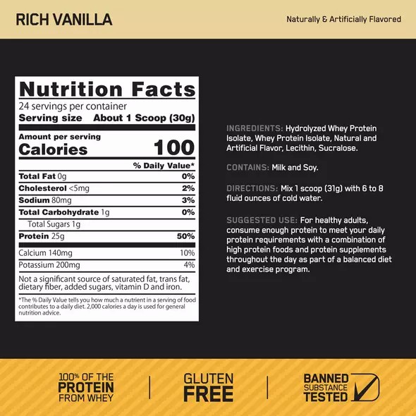 Optimum Nutrition GOLD STANDARD® 100% Isolate Rich Vanilla 2.91 lb (44 Servings) Österreich | KF4325691