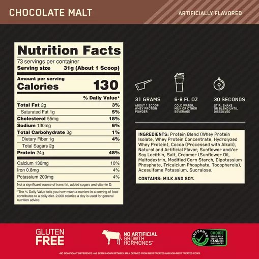 Optimum Nutrition GOLD STANDARD 100% WHEY™ Chocolate Malt 5 lb (73 Servings) Österreich | YE1436905