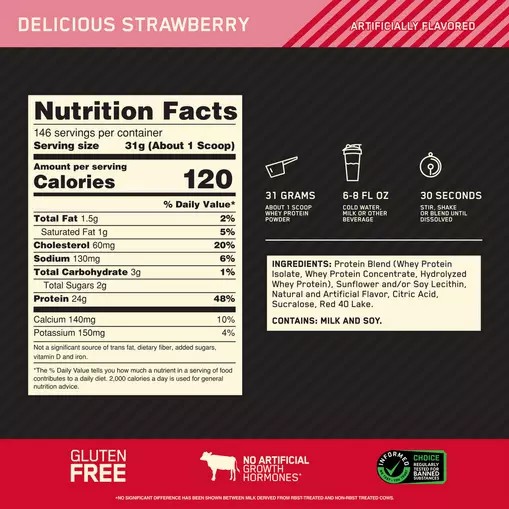 Optimum Nutrition GOLD STANDARD 100% WHEY™ Delicious Strawberry 10 lb (146 Servings) Österreich | NY8459163
