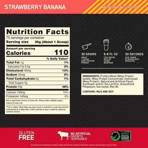Optimum Nutrition GOLD STANDARD 100% WHEY™ Strawberry Banana 5 lb (75 Servings) Österreich | SJ2689301