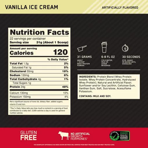 Optimum Nutrition GOLD STANDARD 100% WHEY™ Vanilla Ice Cream 1.5 lb (22 Servings) Österreich | IE3591286