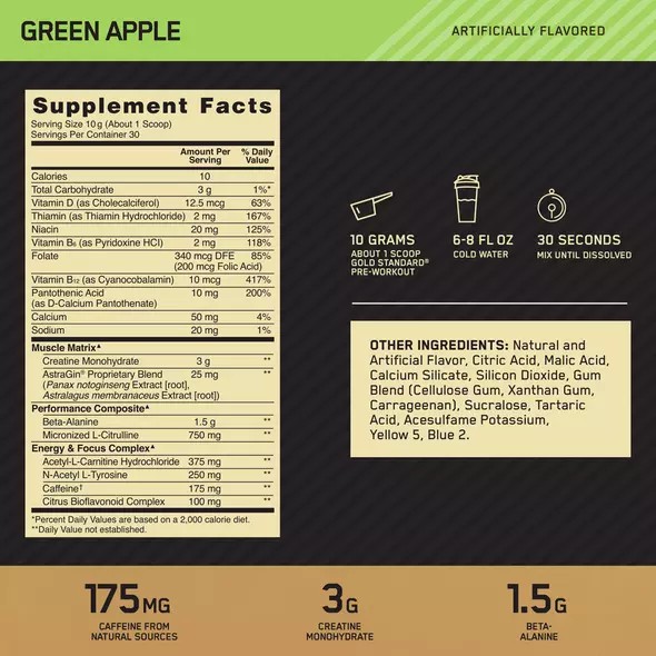 Optimum Nutrition GOLD STANDARD® Pre-Workout Green Apple 0.66 lb (30 Servings) Österreich | EP1275836