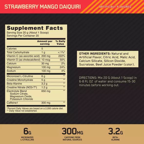 Optimum Nutrition GOLD STANDARD® Pre Advanced Strawberry Mango Daiquiri 0.88 lb (20 Servings) Österreich | MJ9153074