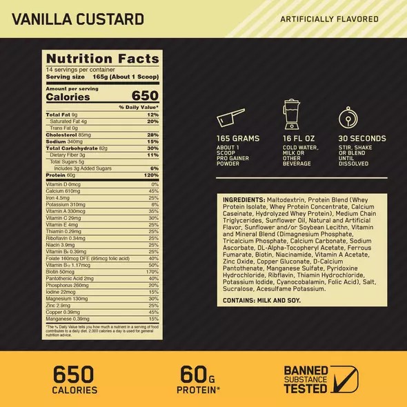 Optimum Nutrition GOLD STANDARD® Pro Gainer Vanilla Custard 5.09 lb (14 Servings) Österreich | FD7812943