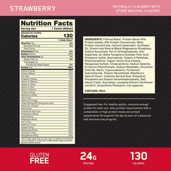 Optimum Nutrition GOLD STANDARD® Ready To Drink Protein Shake *new* Strawberry 12 Cartons (12 Servings) Österreich | IF3650921