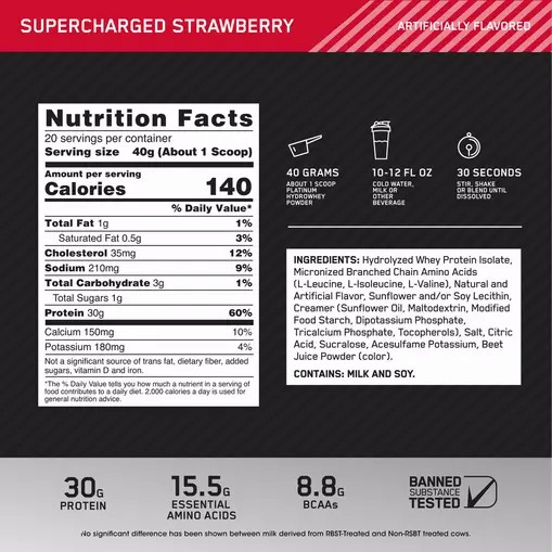 Optimum Nutrition PLATINUM HYDROWHEY™ Supercharged Strawberry 1.76 lb (20 Servings) Österreich | VW9714523