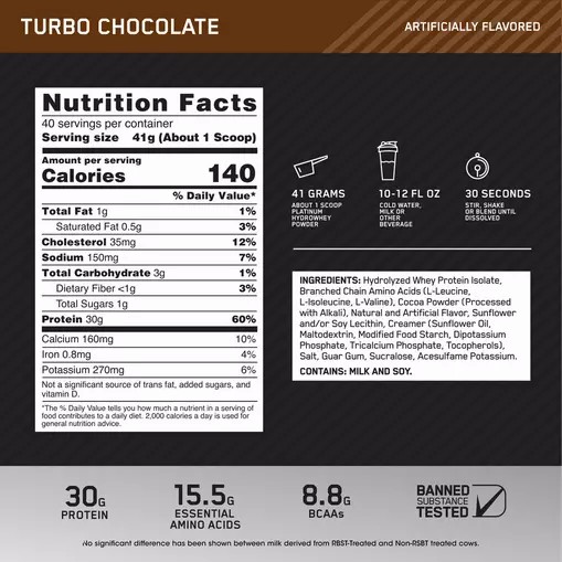 Optimum Nutrition PLATINUM HYDROWHEY™ Turbo Chocolate 3.61 lb (40 Servings) Österreich | YB8547361