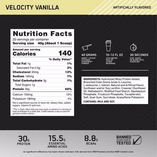 Optimum Nutrition PLATINUM HYDROWHEY™ Velocity Vanilla 1.76 lb (20 Servings) Österreich | SE8327059