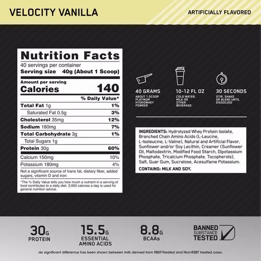 Optimum Nutrition PLATINUM HYDROWHEY™ Velocity Vanilla 3.52 lb (40 Servings) Österreich | ML9205437