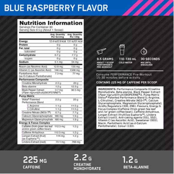Optimum Nutrition Performance Pre-Workout Blue Raspberry 285g Österreich | RP0758913
