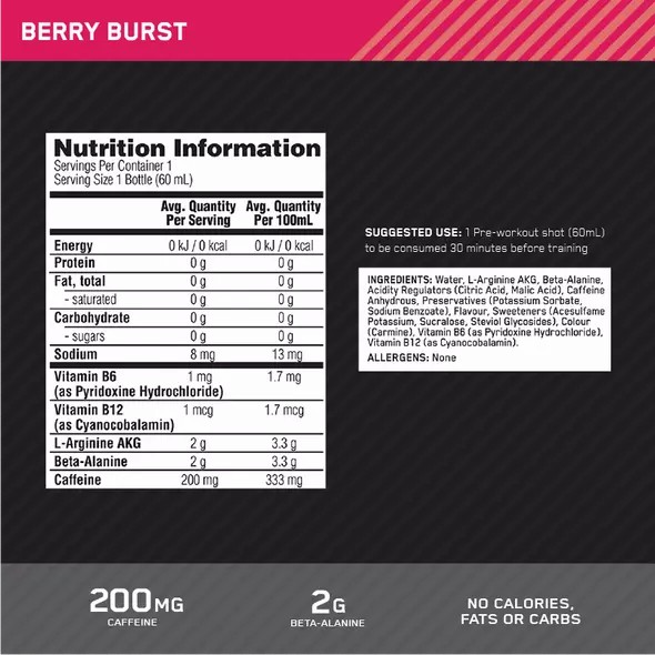 Optimum Nutrition Pure Pre 200 Pre-Workout Shot Berry 60ml (12 shots) Österreich | BL2381764