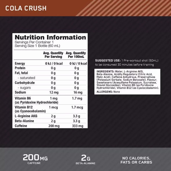 Optimum Nutrition Pure Pre 200 Pre-Workout Shot Cola 60ml (12 shots) Österreich | ZM5031682