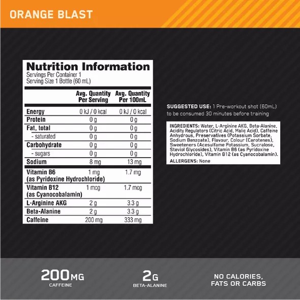 Optimum Nutrition Pure Pre 200 Pre-Workout Shot Orange 60ml (12 shots) Österreich | LT7689534