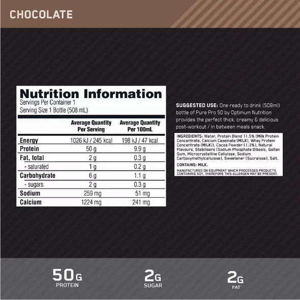 Optimum Nutrition Pure Pro 50 Chocolate 508ml (12 bottles) Österreich | MW2134906