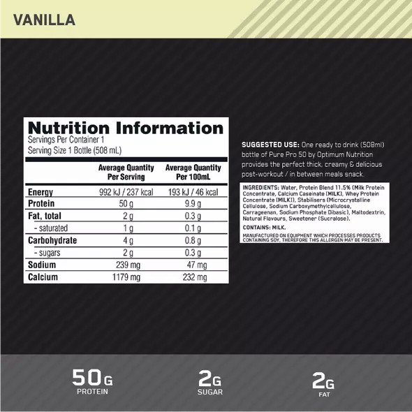 Optimum Nutrition Pure Pro 50 Vanilla 508ml (12 bottles) Österreich | CE7968043